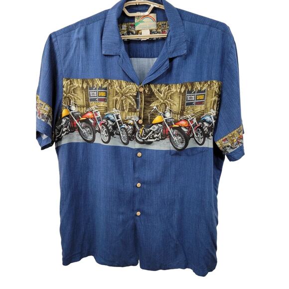 Vintage Paradise Found Tiki Tavern Aloha Hawaiian Camp Shirt Blue XL Motorcycle - Picture 1 of 9